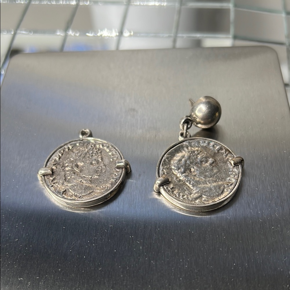 925 Sterling Silver Ancient Style Coin Dangle Earring and Coin Dangle 23.43g